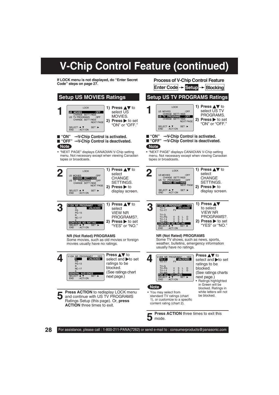 Panasonic VV-1303 Setup US Movies Ratings, Setup US TV Programs Ratings, Press to select and to set ratings to be blocked 