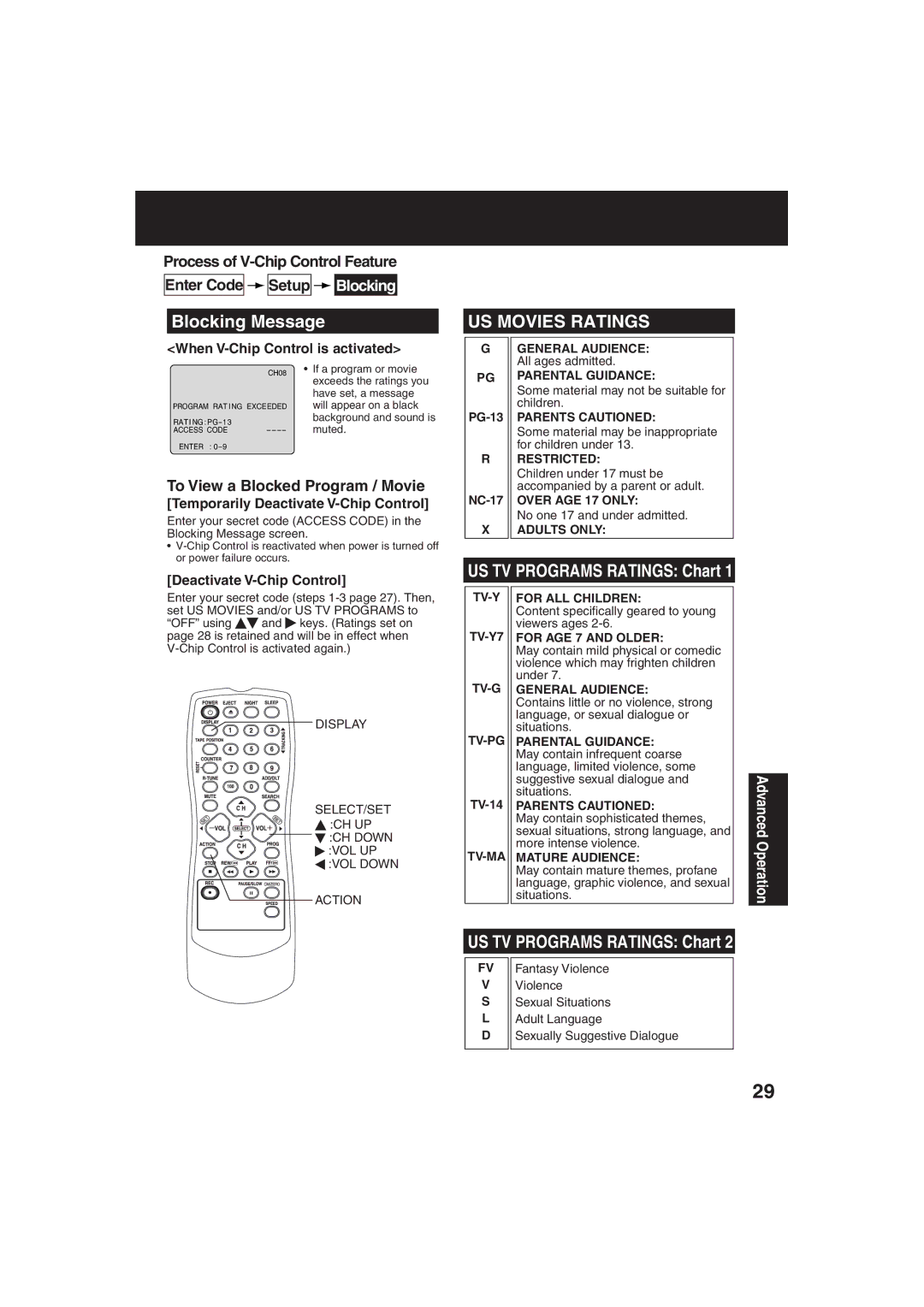 Panasonic VV-2003, VV-1303 Blocking Message, To View a Blocked Program / Movie, When V-Chip Control is activated 