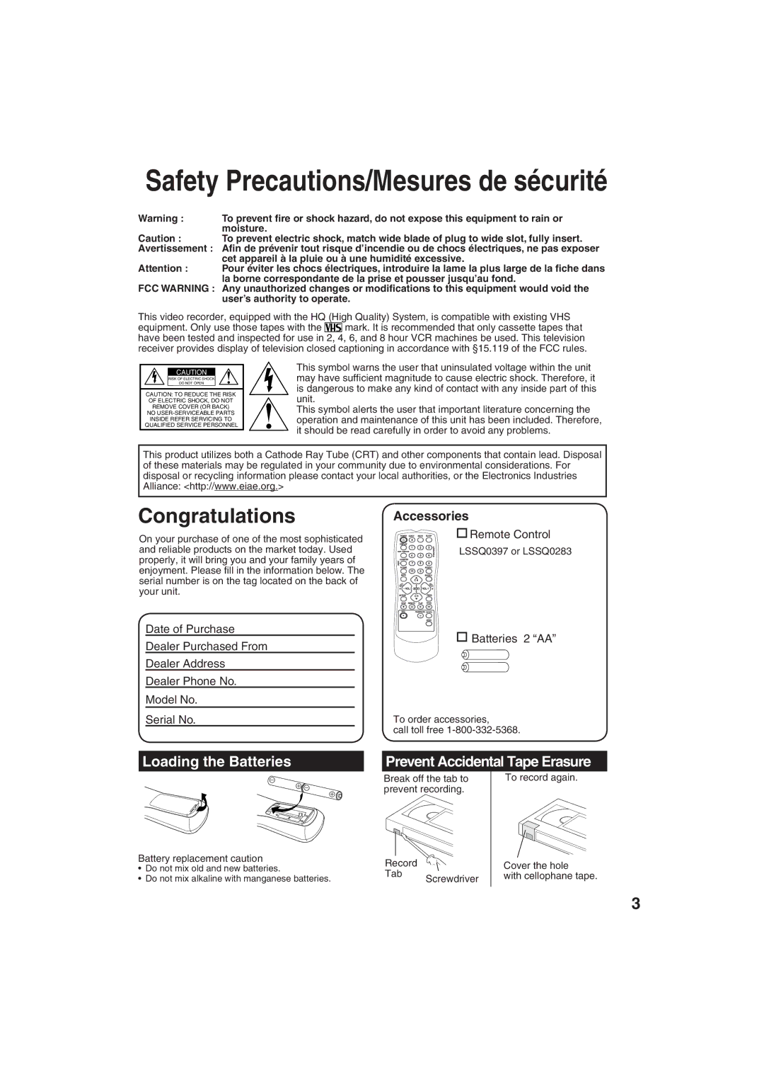 Panasonic VV-2003, VV-1303 operating instructions Loading the Batteries, Accessories, Remote Control, Batteries 2 AA 