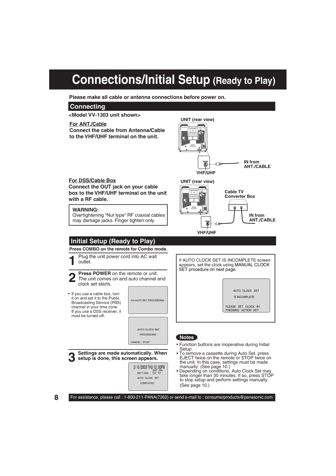 Panasonic VV-2003 operating instructions Connecting, Initial Setup Ready to Play, Model VV-1303 unit shown 