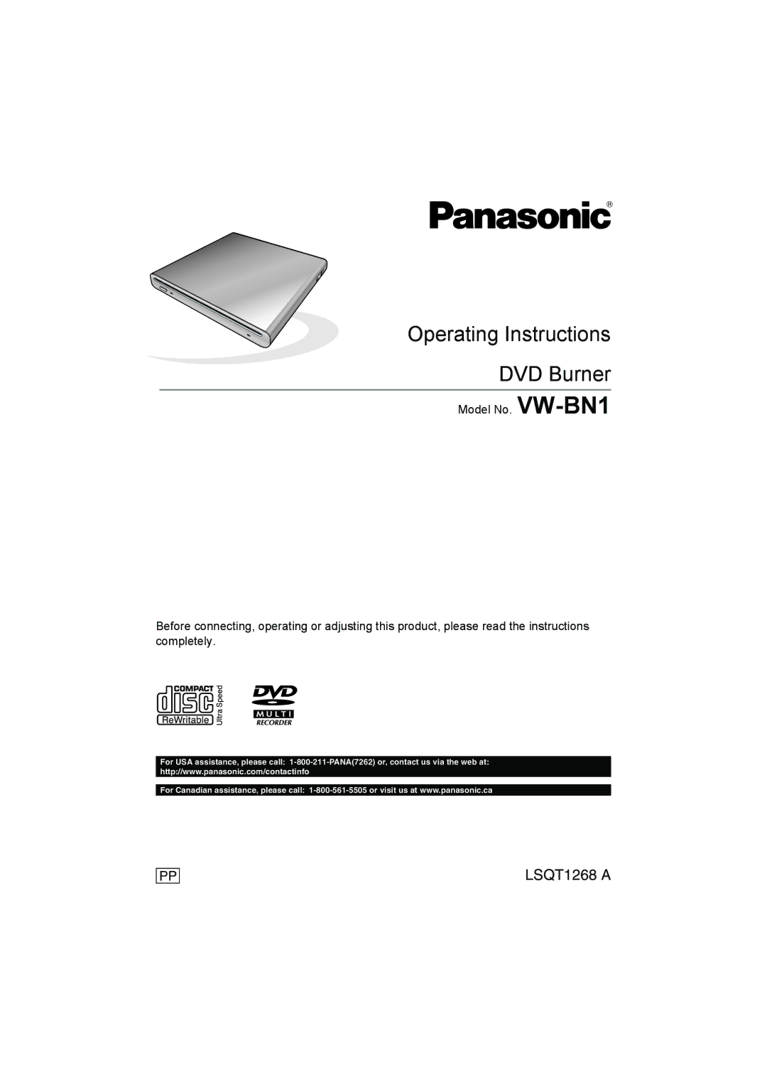 Panasonic VW-BN1 operating instructions Operating Instructions DVD Burner 