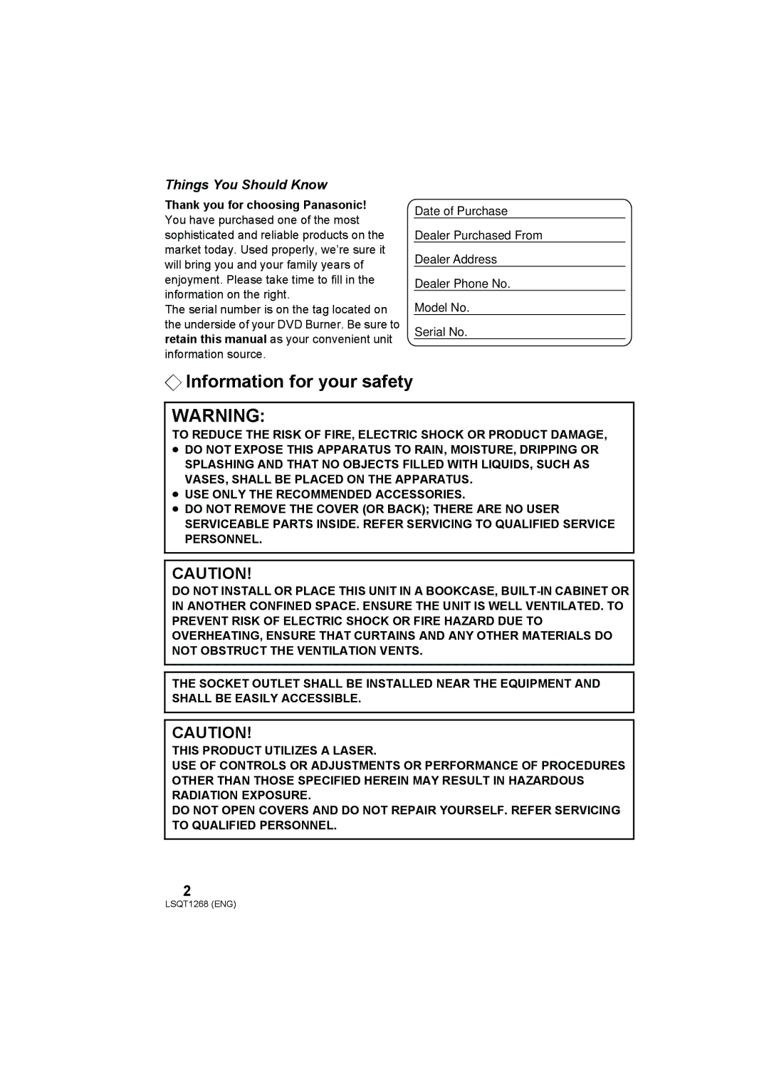 Panasonic VW-BN1 operating instructions ¬ Information for your safety, Things You Should Know 