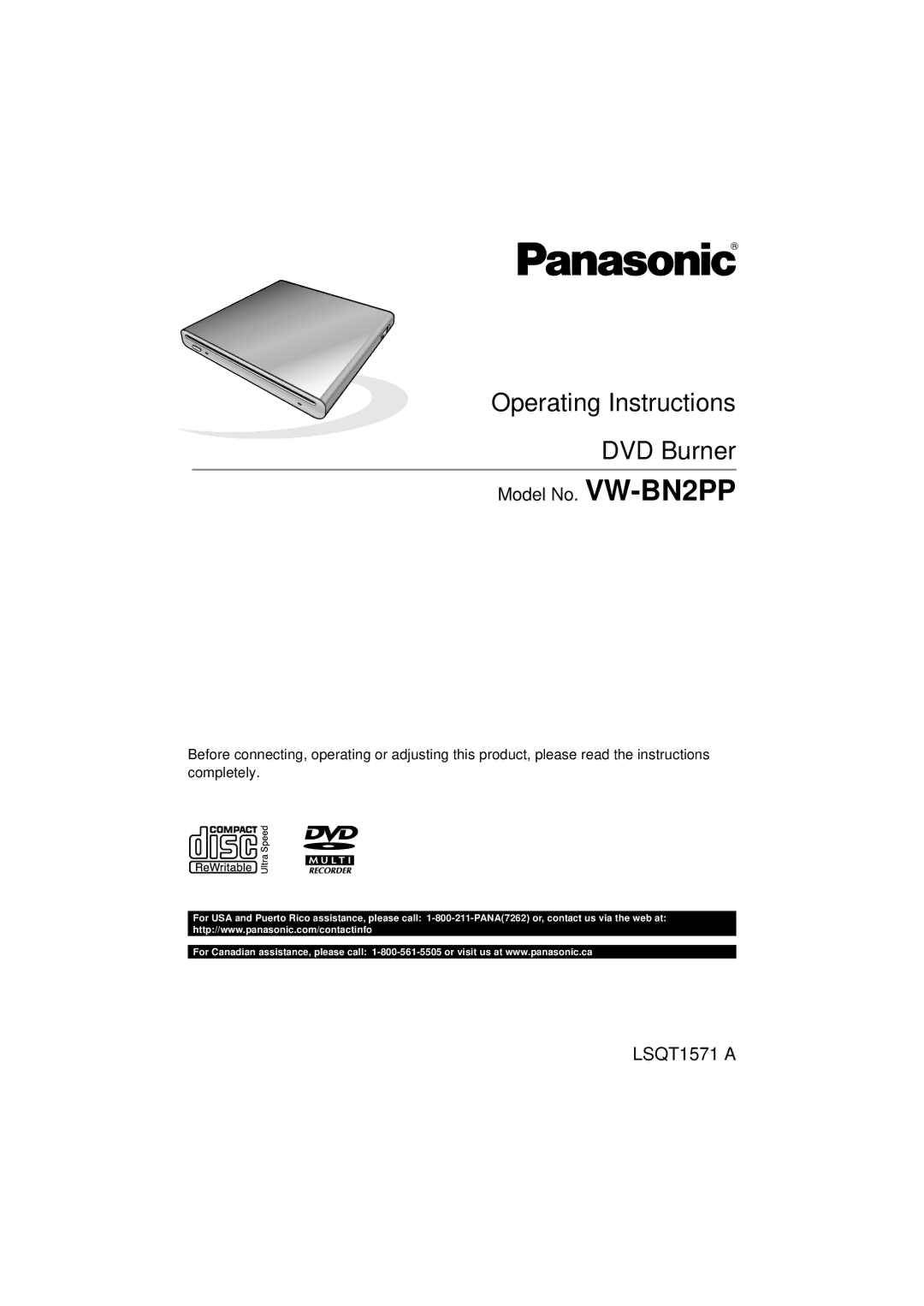 Panasonic VW-BN2PP manual Operating Instructions DVD Burner 