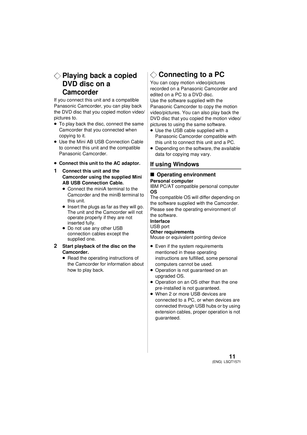 Panasonic VW-BN2PP manual ¬ Playing back a copied DVD disc on a Camcorder, ¬ Connecting to a PC, If using Windows 