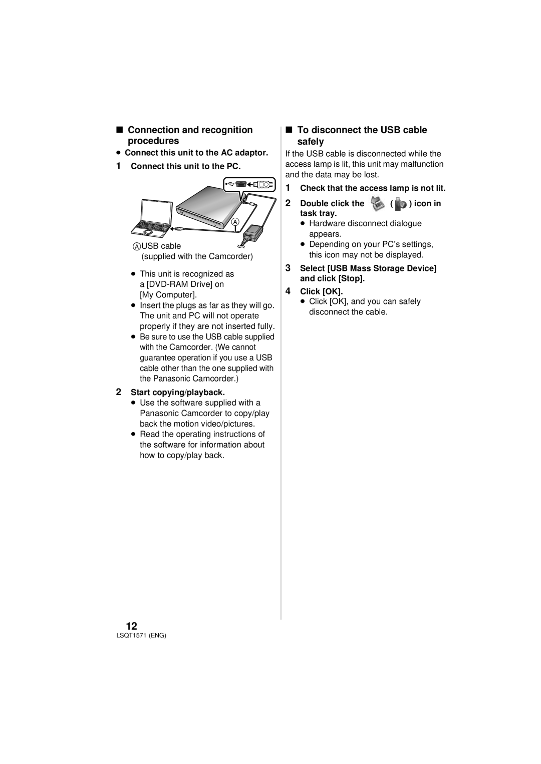 Panasonic VW-BN2PP manual Connection and recognition procedures, To disconnect the USB cable safely 