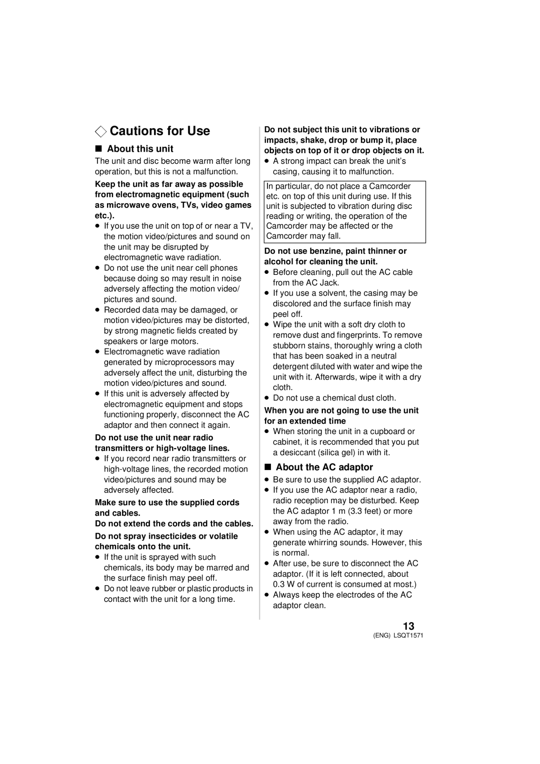 Panasonic VW-BN2PP manual ¬ Cautions for Use, About this unit, About the AC adaptor 