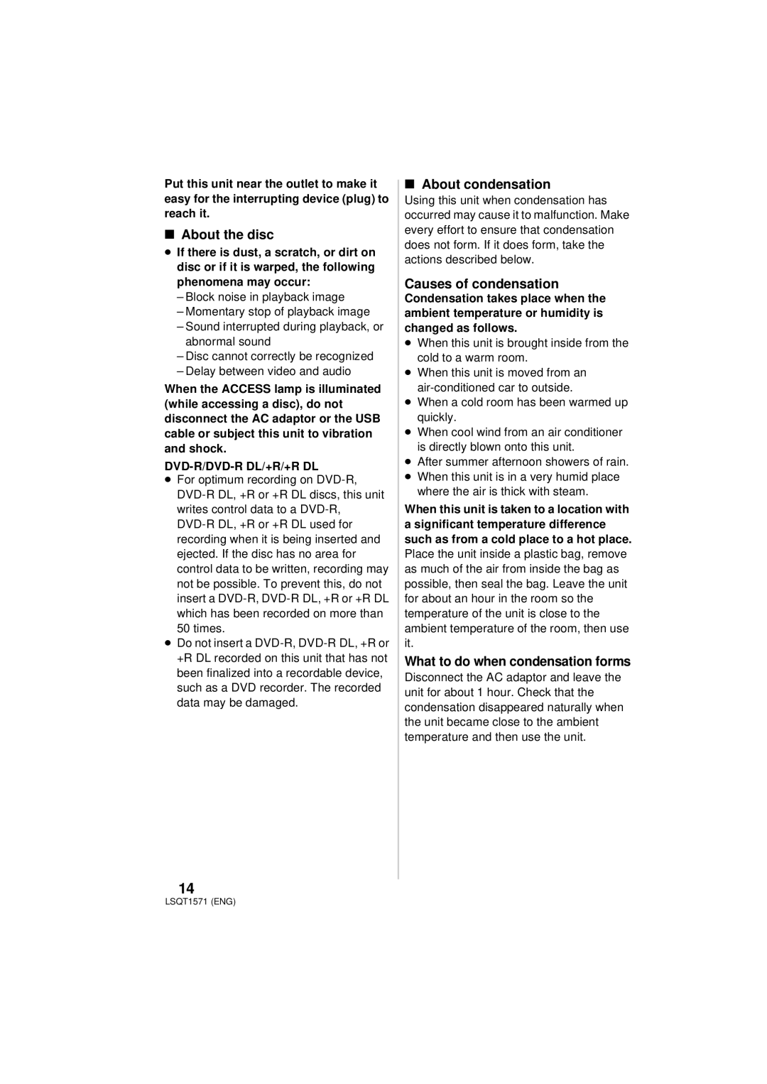 Panasonic VW-BN2PP manual About the disc, About condensation, Causes of condensation, What to do when condensation forms 