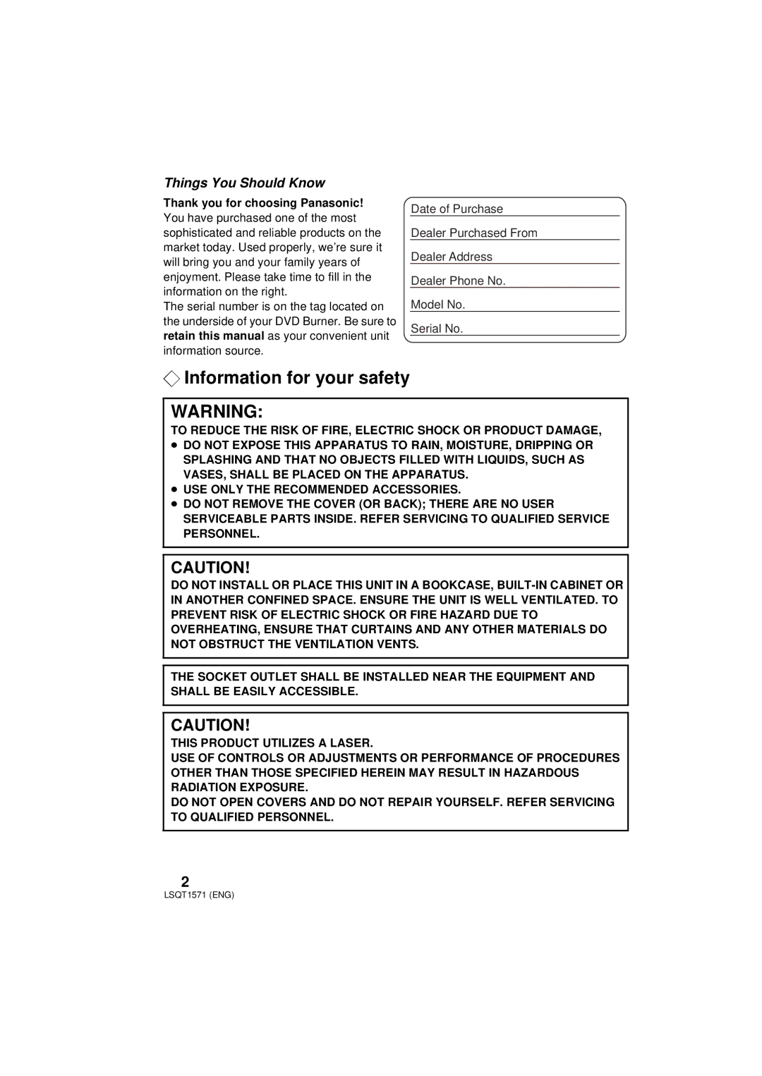 Panasonic VW-BN2PP manual ¬ Information for your safety, Things You Should Know 