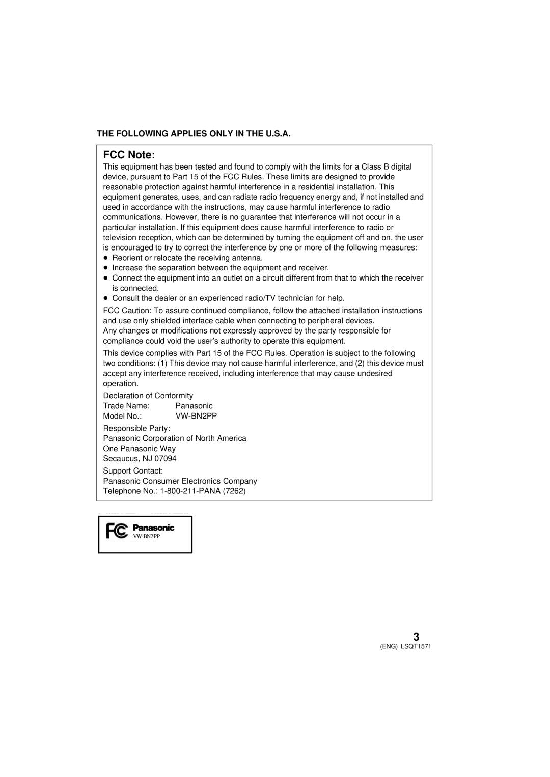 Panasonic VW-BN2PP manual FCC Note 