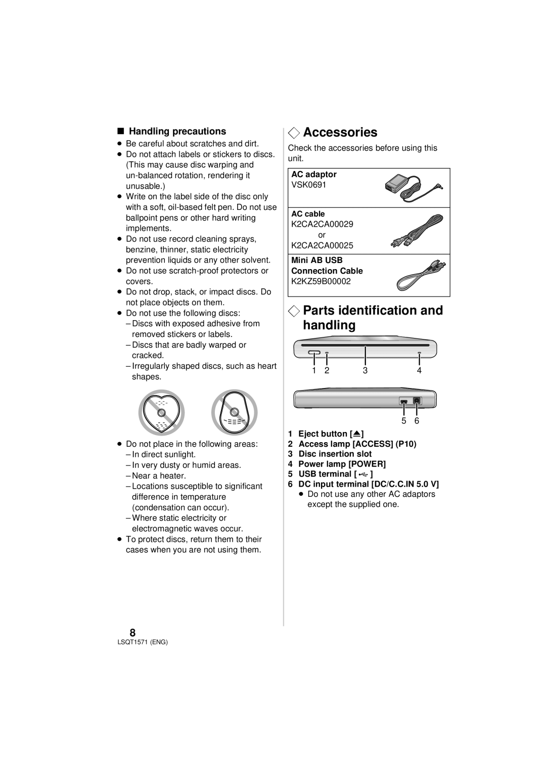 Panasonic VW-BN2PP manual ¬ Accessories, ¬ Parts identification and handling, Handling precautions, AC adaptor 