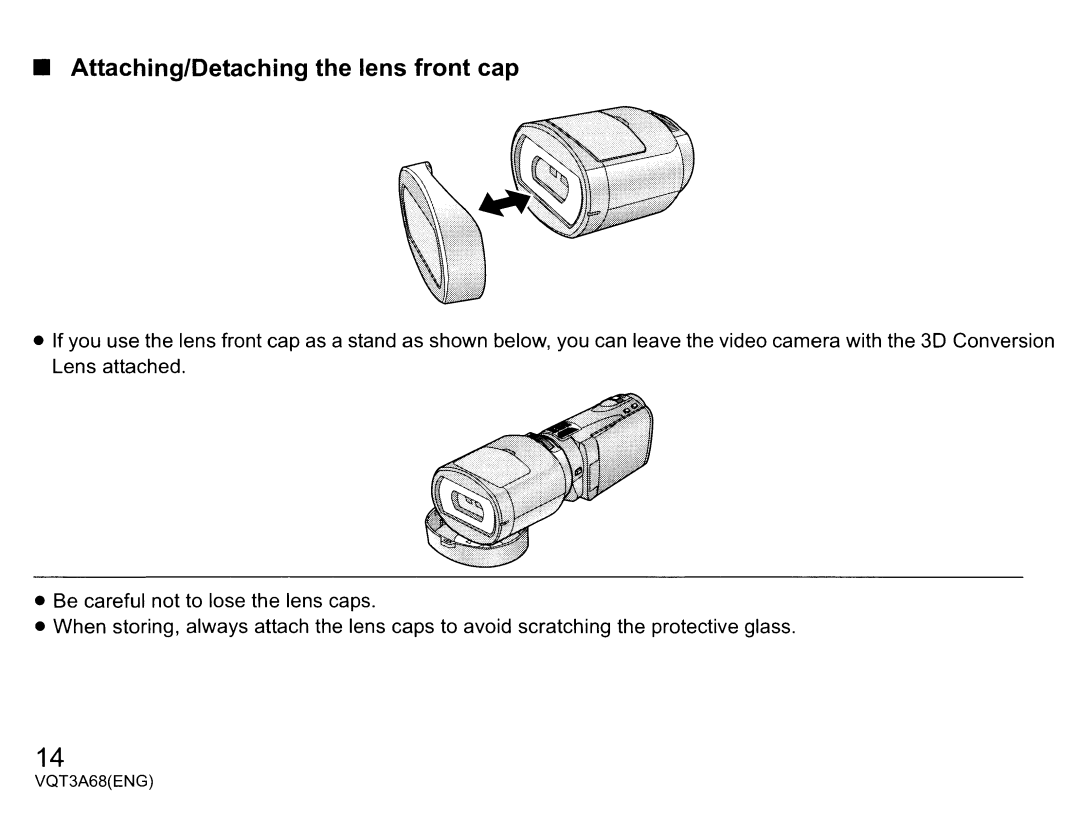 Panasonic vw-clt1 owner manual Attaching/Detaching the lens front cap 