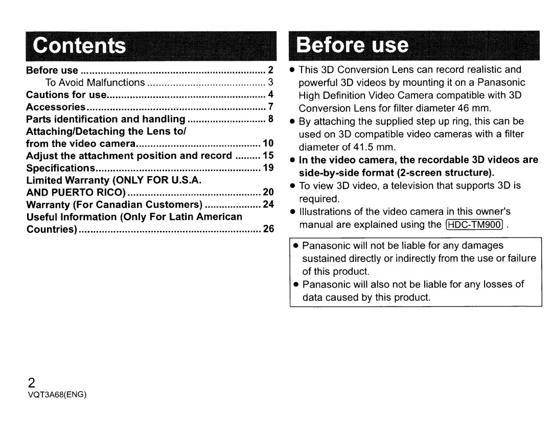 Panasonic vw-clt1 owner manual Contents Before use 