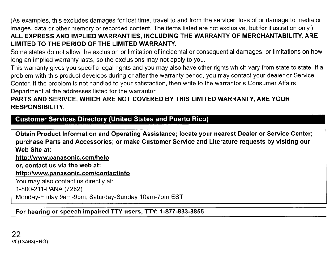 Panasonic vw-clt1 owner manual Customer Services Directory United States and Puerto Rico 