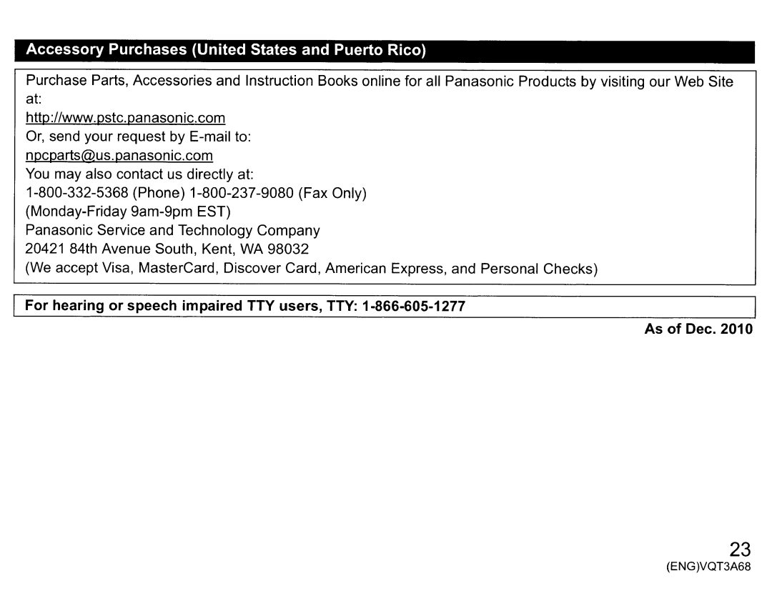 Panasonic vw-clt1 owner manual Accessory Purchases United States and Puerto Rico 