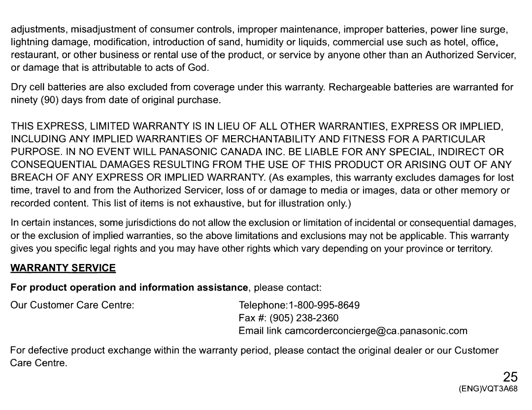 Panasonic vw-clt1 owner manual Warranty Service 