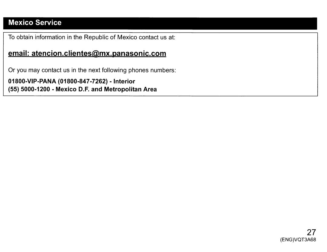 Panasonic vw-clt1 owner manual Mexico Service, Email atencion.clientes@mx.panasonic.com 