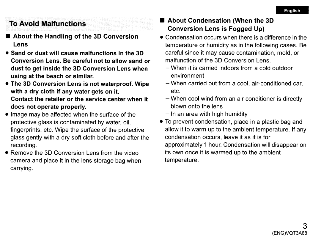 Panasonic vw-clt1 owner manual About the Handling of the 3D Conversion Lens 