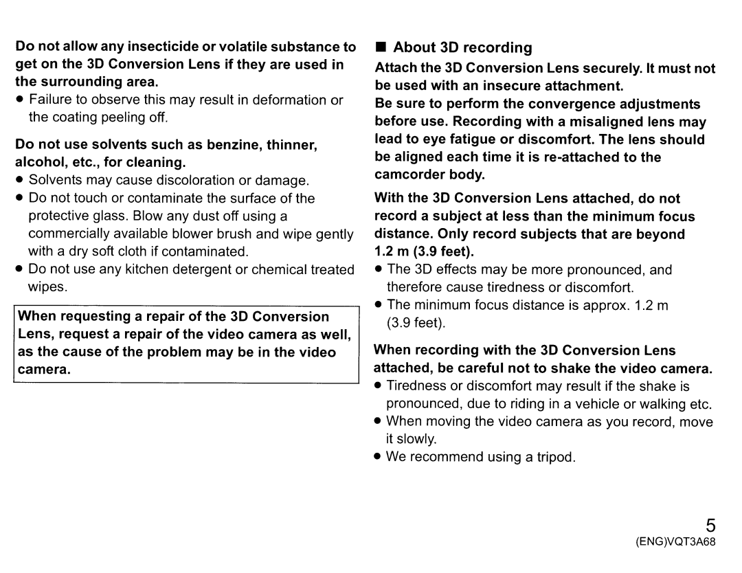 Panasonic vw-clt1 owner manual About 3D recording 