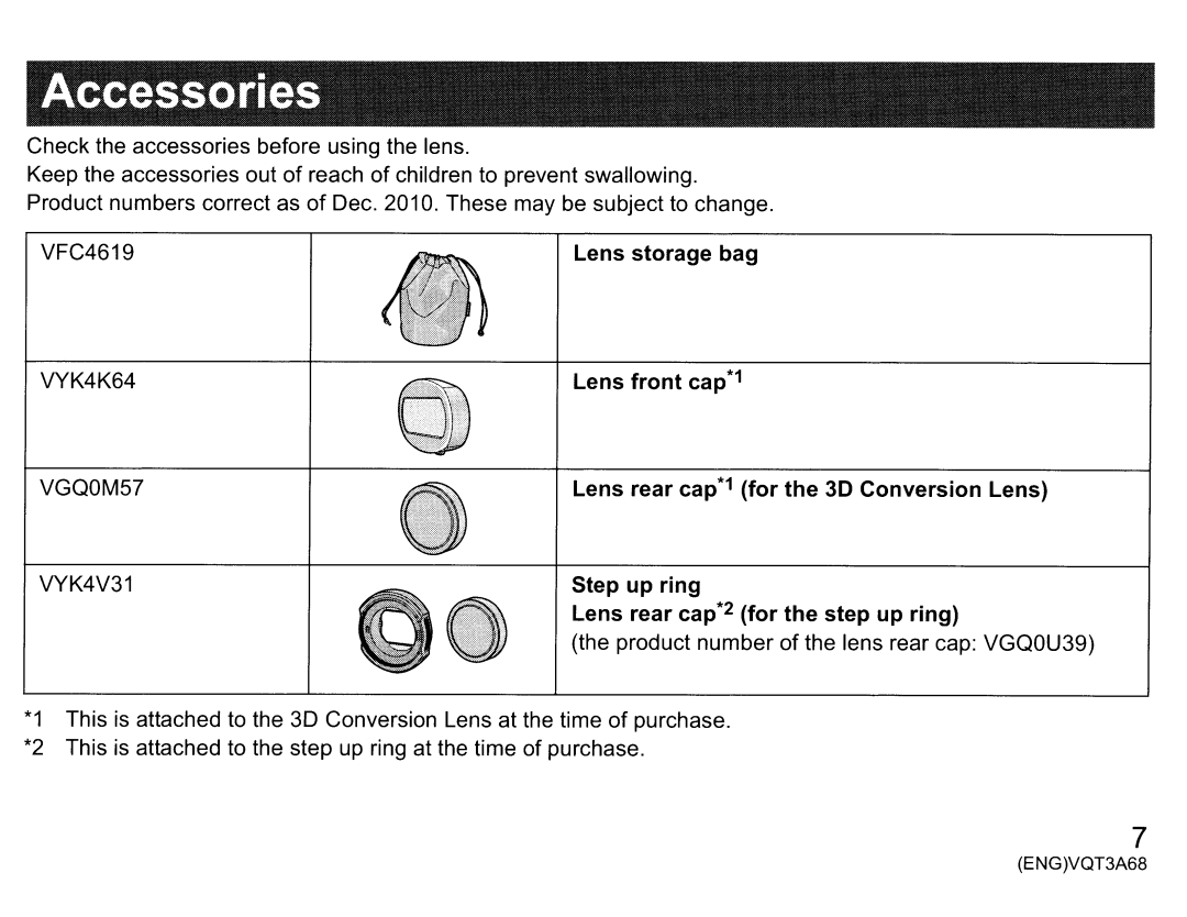 Panasonic vw-clt1 owner manual Lens storage bag, Lens front cap*1, Lens rear cap*1 for the 3D Conversion Lens, Step up ring 