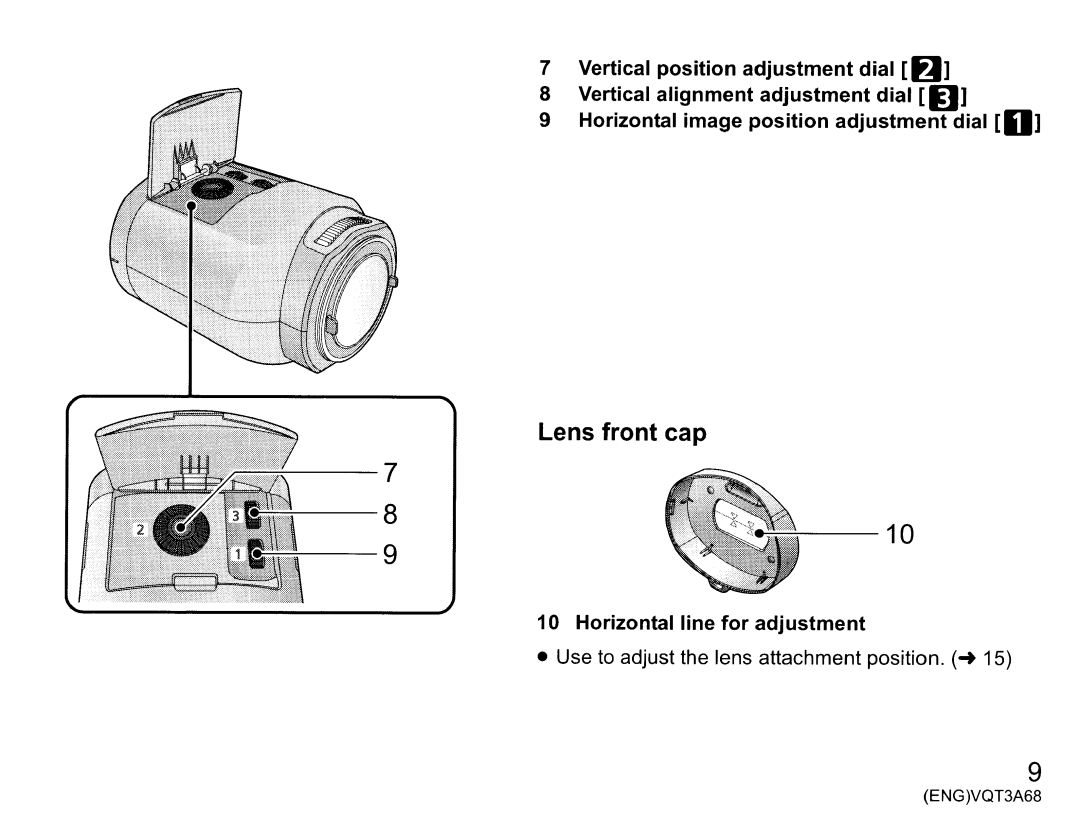 Panasonic vw-clt1 owner manual Lens front cap, Horizontal line for adjustment 