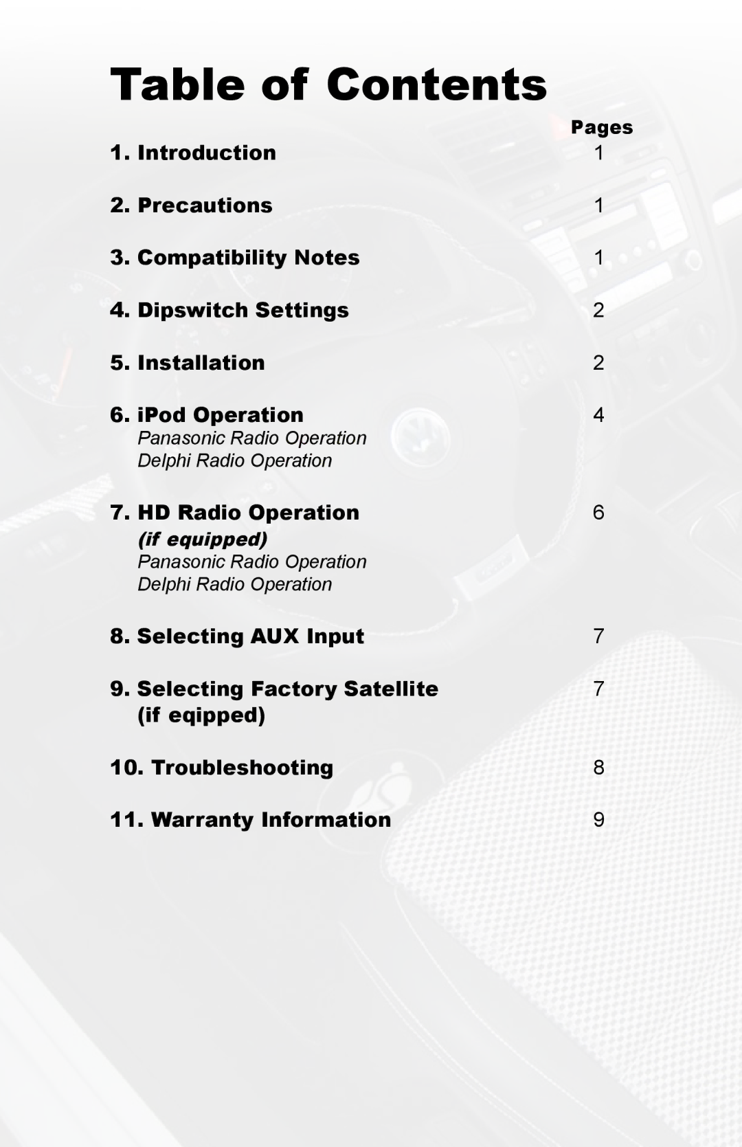 Panasonic VW1 owner manual Table of Contents 