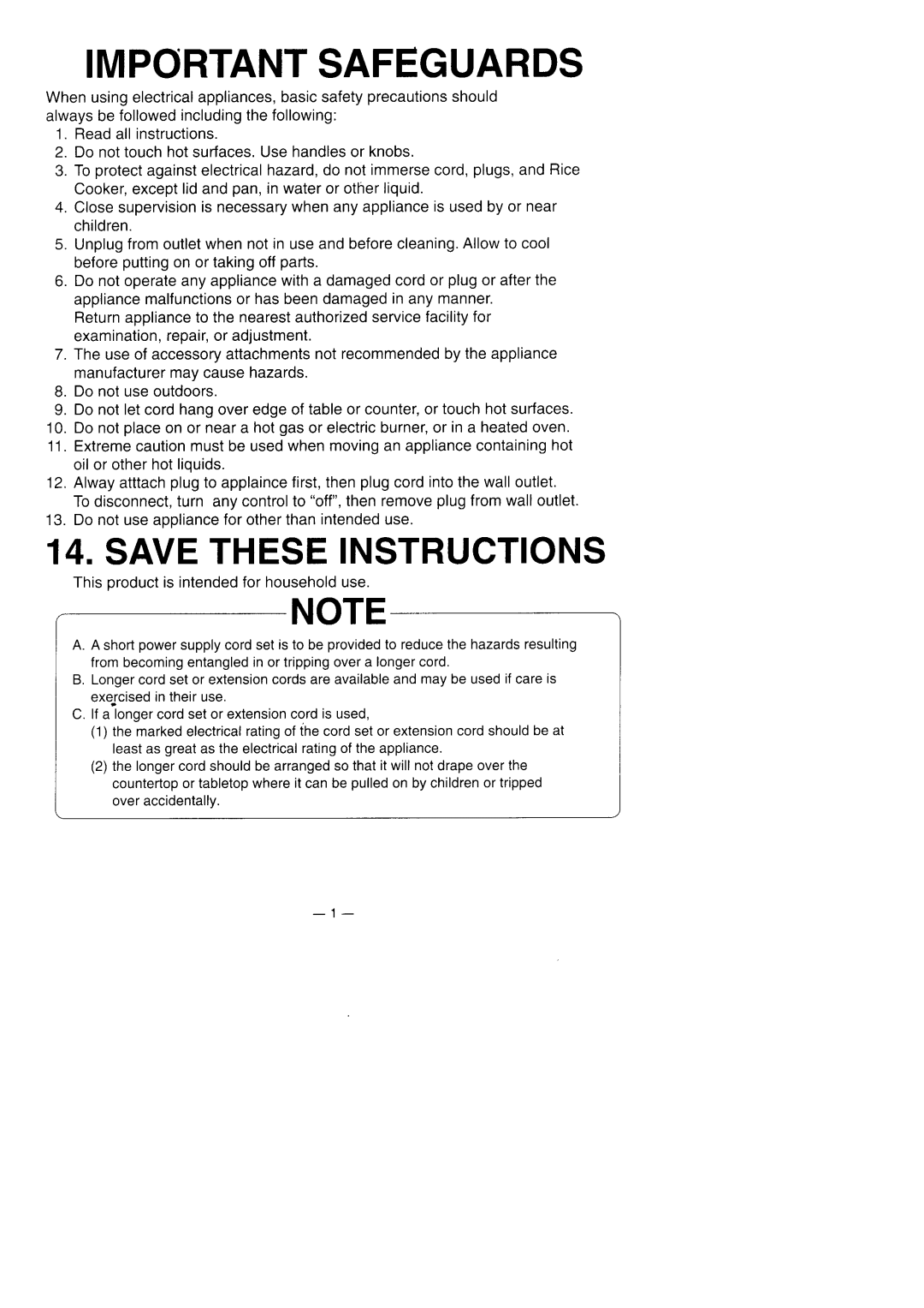 Panasonic W1ONAM18NA, SR-WO6NF manuel dutilisation Importantsafeguards, Thisproductis intendedfor householduse 