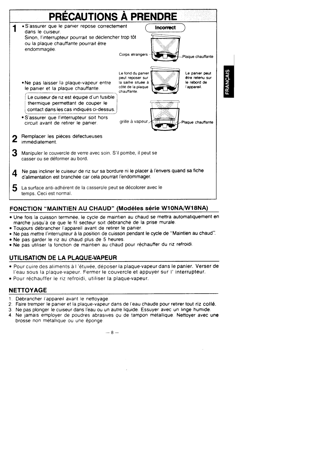 Panasonic SR-WO6NF, W1ONAM18NA UTILISATIoNDELA PLAQUE.VAPEUR, Fonction Maintien AU Chaud Mod6les s6rie WlONA/WI8NA 