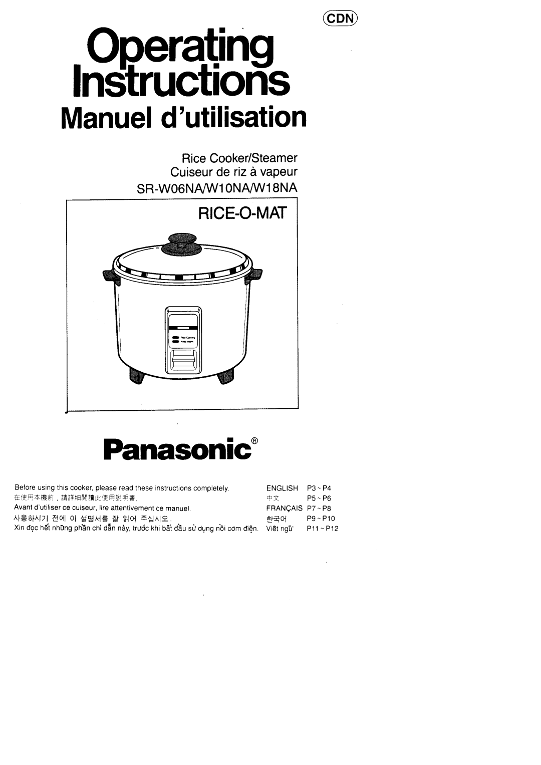 Panasonic manuel dutilisation Rice-O-Mat, RiceCooke/Steamer Cuiseurde rizi vapeur, SR-WO6NF/W1ONAM18NA, lE6l . l7l 
