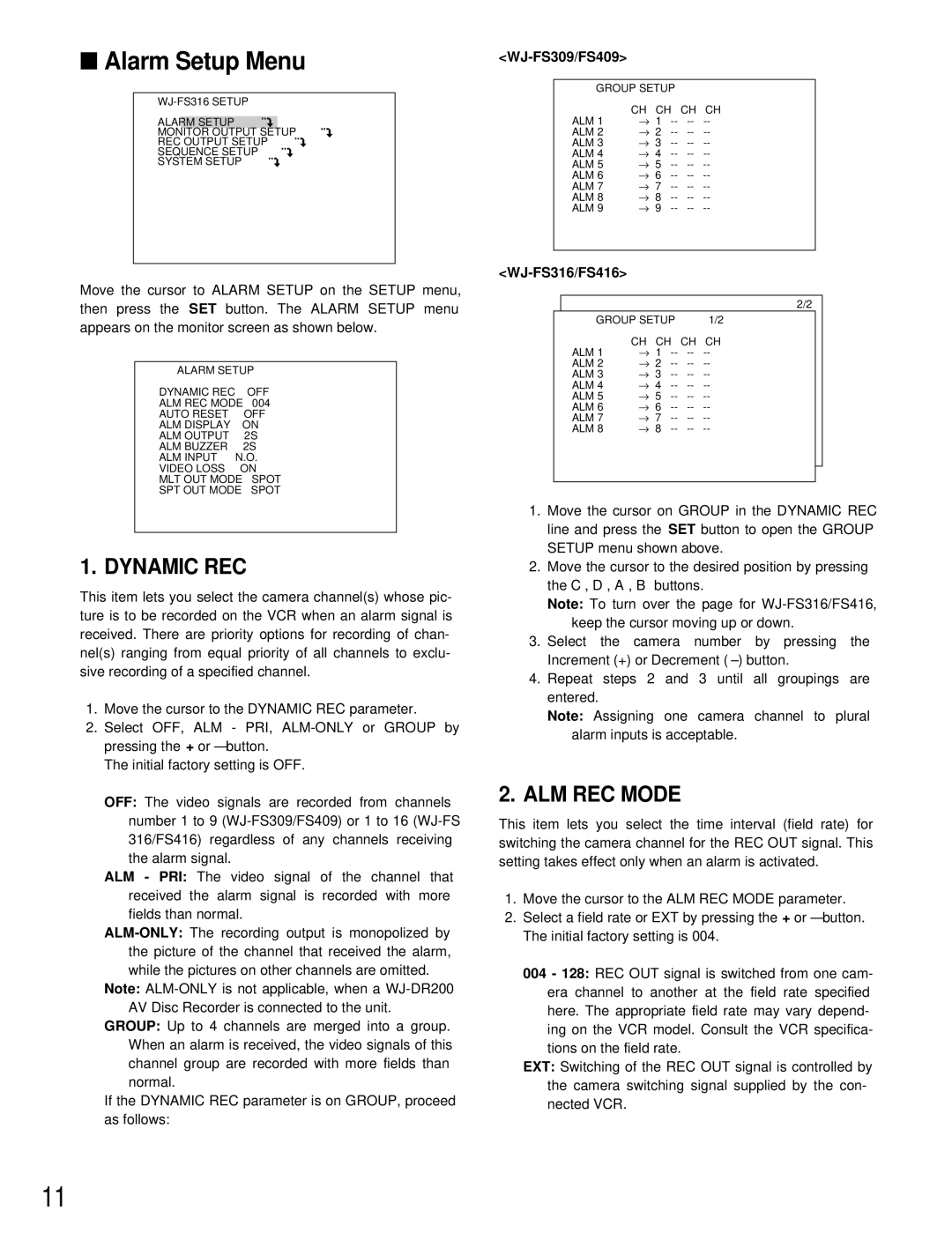 Panasonic WJ-FS416, WJ-FS409, WJ-FS316, WJ-FS309 manual Alarm Setup Menu, Dynamic REC, ALM REC Mode 