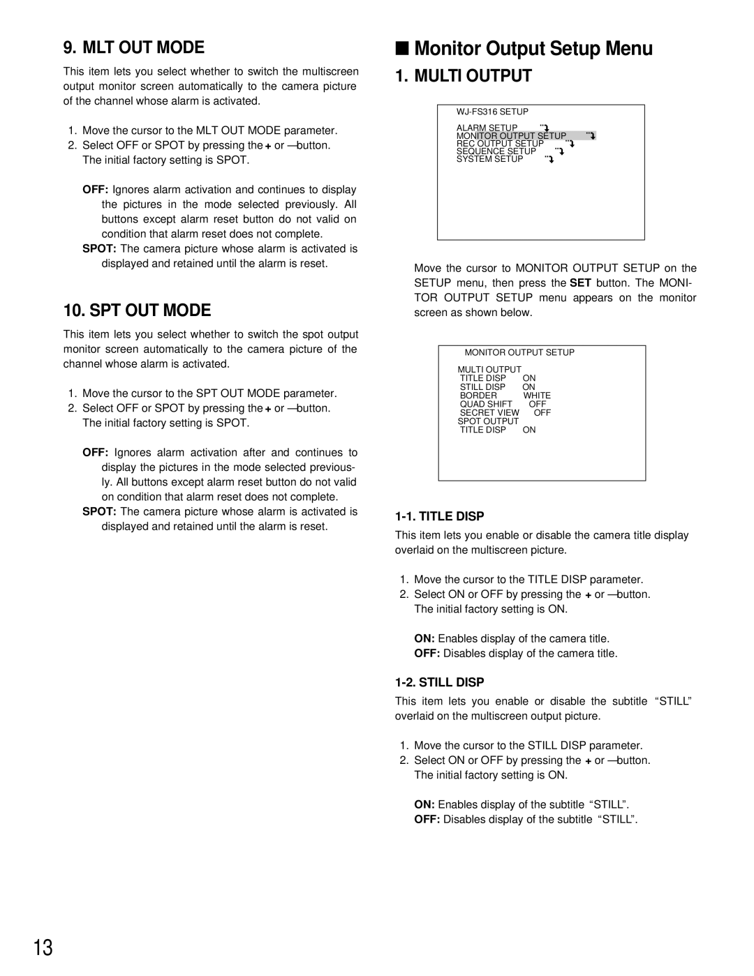 Panasonic WJ-FS316, WJ-FS409, WJ-FS309, WJ-FS416 manual Monitor Output Setup Menu, MLT OUT Mode, SPT OUT Mode, Multi Output 