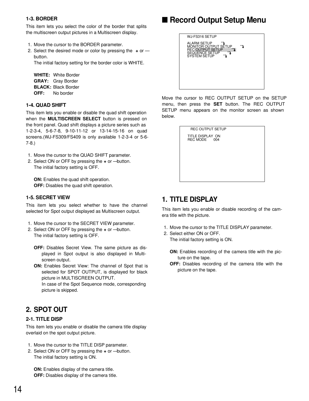 Panasonic WJ-FS309, WJ-FS409, WJ-FS316, WJ-FS416 manual Record Output Setup Menu, Spot OUT, Title Display 