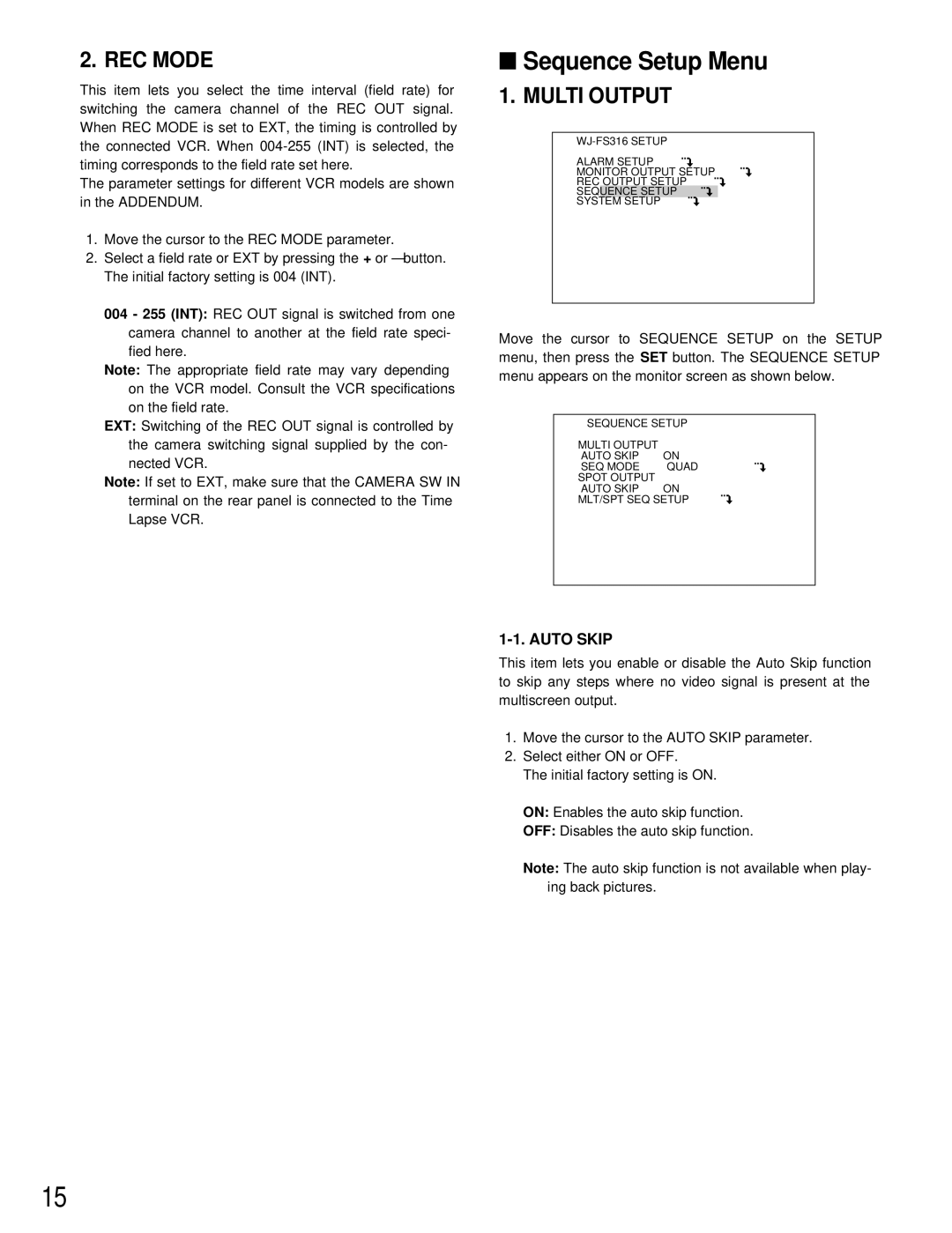 Panasonic WJ-FS416, WJ-FS409, WJ-FS316, WJ-FS309 manual Sequence Setup Menu, REC Mode, Auto Skip 