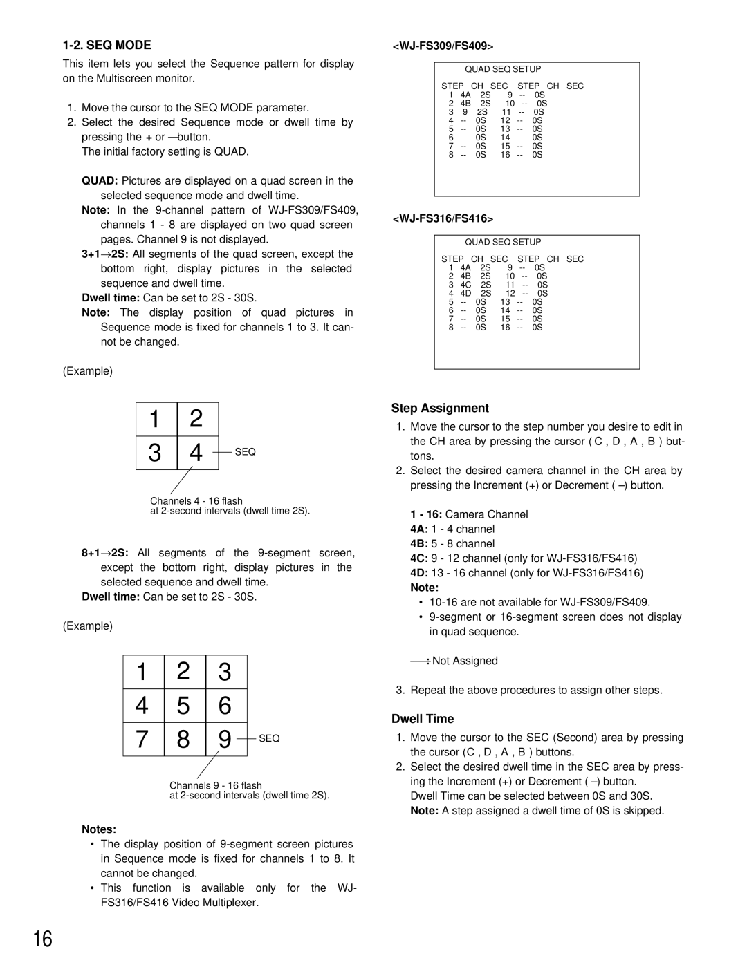 Panasonic WJ-FS409, WJ-FS316, WJ-FS309, WJ-FS416 manual SEQ Mode, Step Assignment 