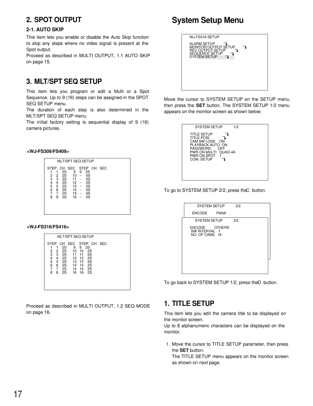 Panasonic WJ-FS316, WJ-FS409, WJ-FS309, WJ-FS416 manual System Setup Menu, Spot Output, MLT/SPT SEQ Setup, Title Setup 