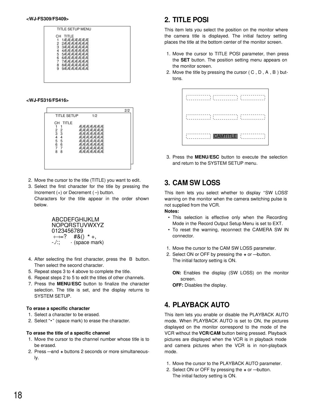 Panasonic WJ-FS309, WJ-FS409, WJ-FS316, WJ-FS416 manual Title Posi, CAM SW Loss, Playback Auto, To erase a specific character 