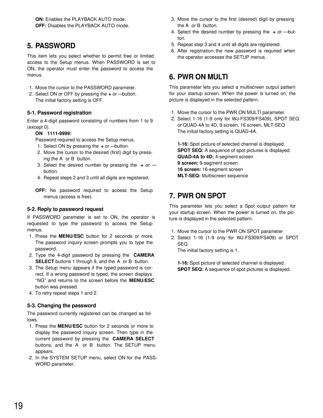 Panasonic WJ-FS416, WJ-FS409, WJ-FS316, WJ-FS309 manual Password, PWR on Multi, PWR on Spot, On→ 