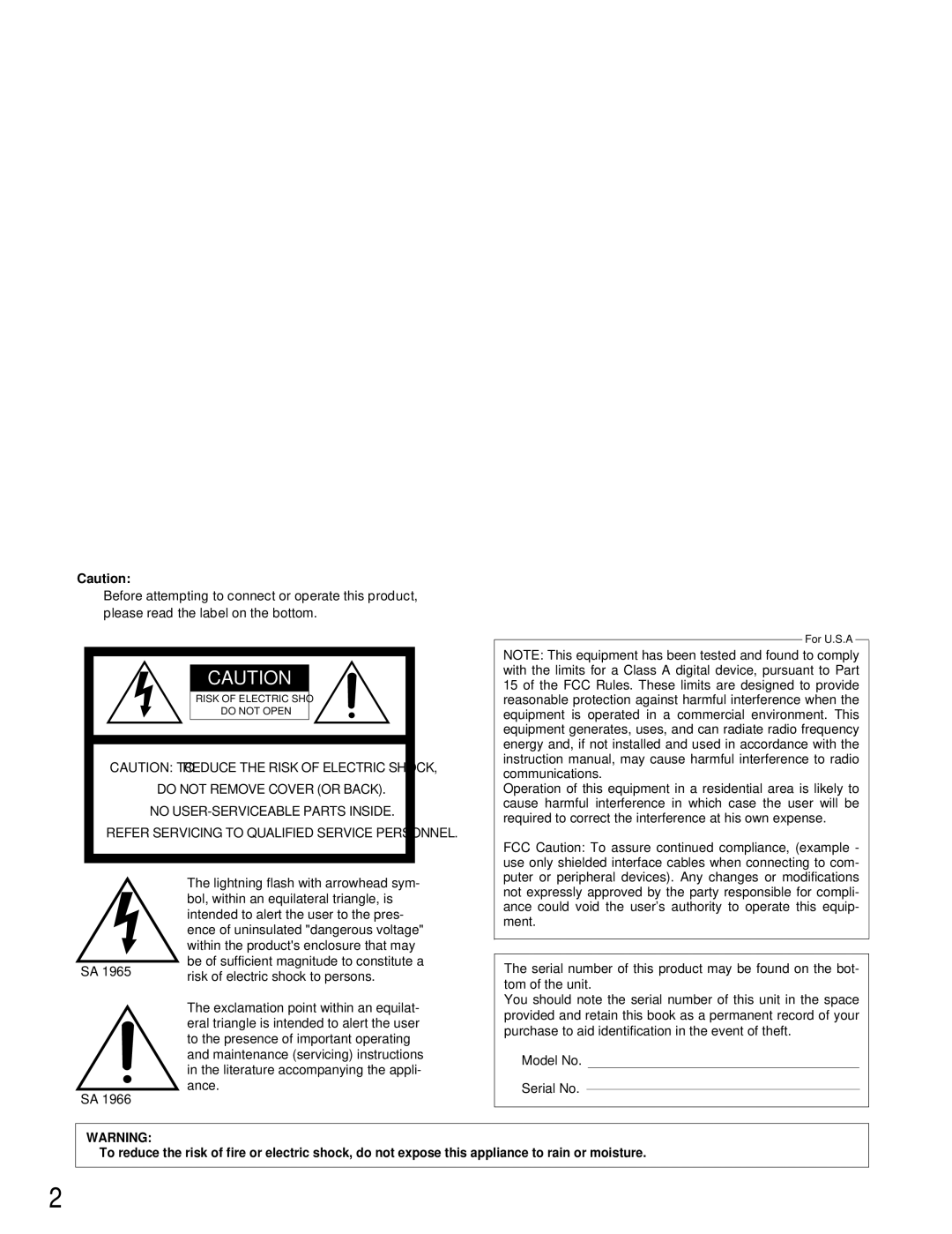 Panasonic WJ-FS309, WJ-FS409, WJ-FS316, WJ-FS416 manual Lightning flash with arrowhead sym 