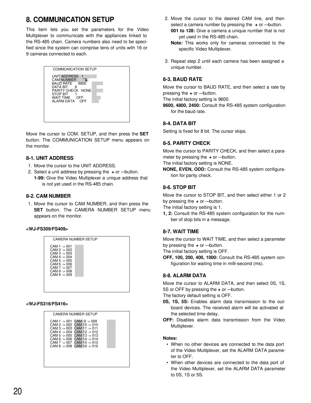 Panasonic WJ-FS409, WJ-FS316, WJ-FS309, WJ-FS416 manual Communication Setup 