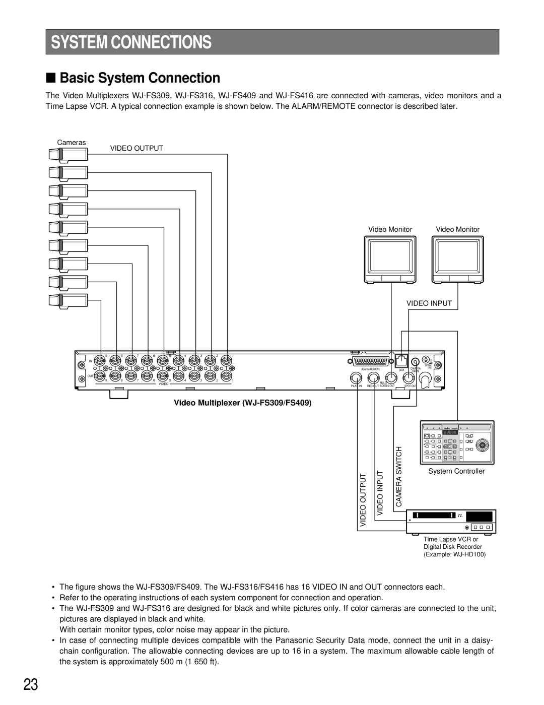 Panasonic WJ-FS416, WJ-FS409, WJ-FS316 manual System Connections, Basic System Connection, Video Multiplexer WJ-FS309/FS409 