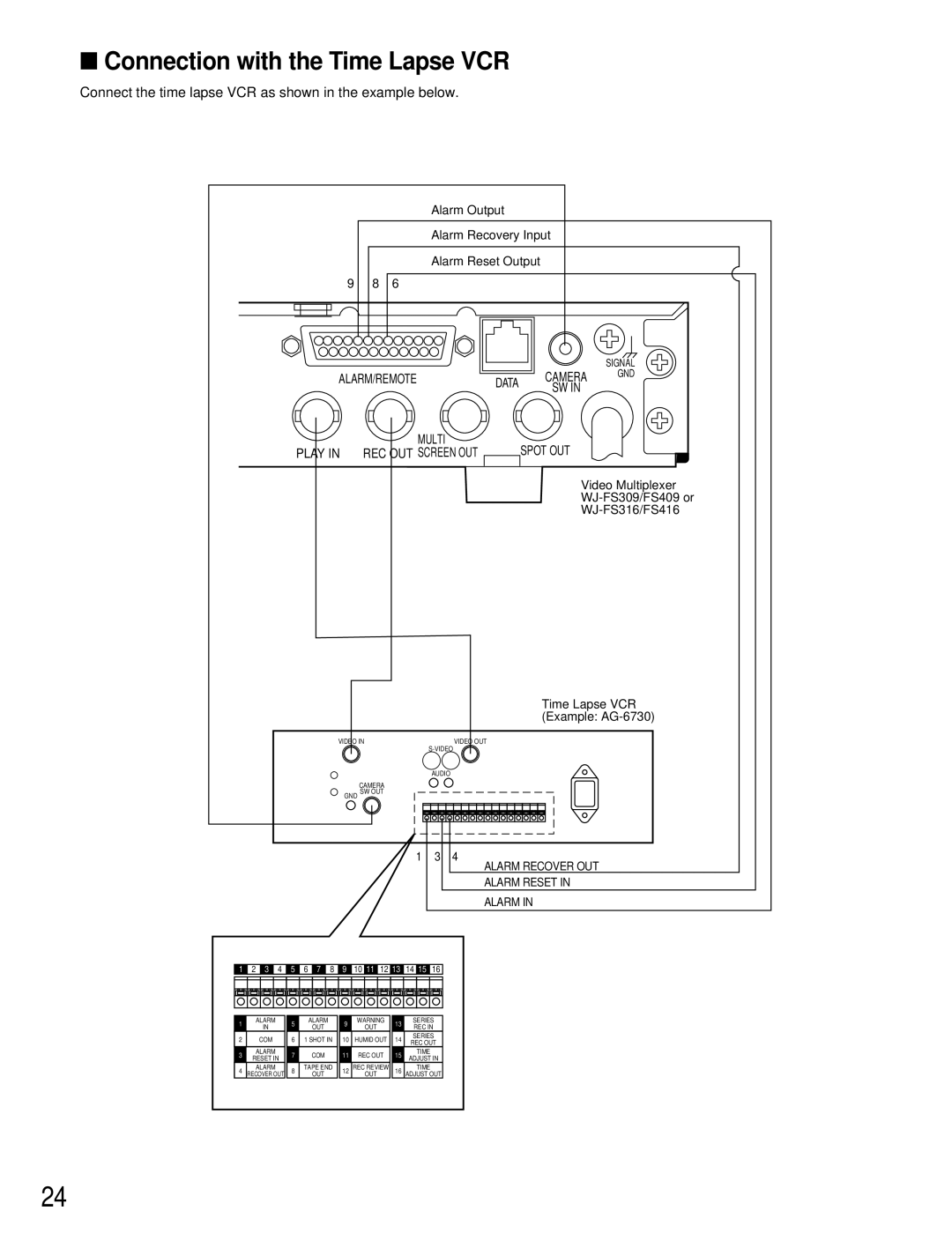 Panasonic WJ-FS409, WJ-FS316 Connection with the Time Lapse VCR, Connect the time lapse VCR as shown in the example below 