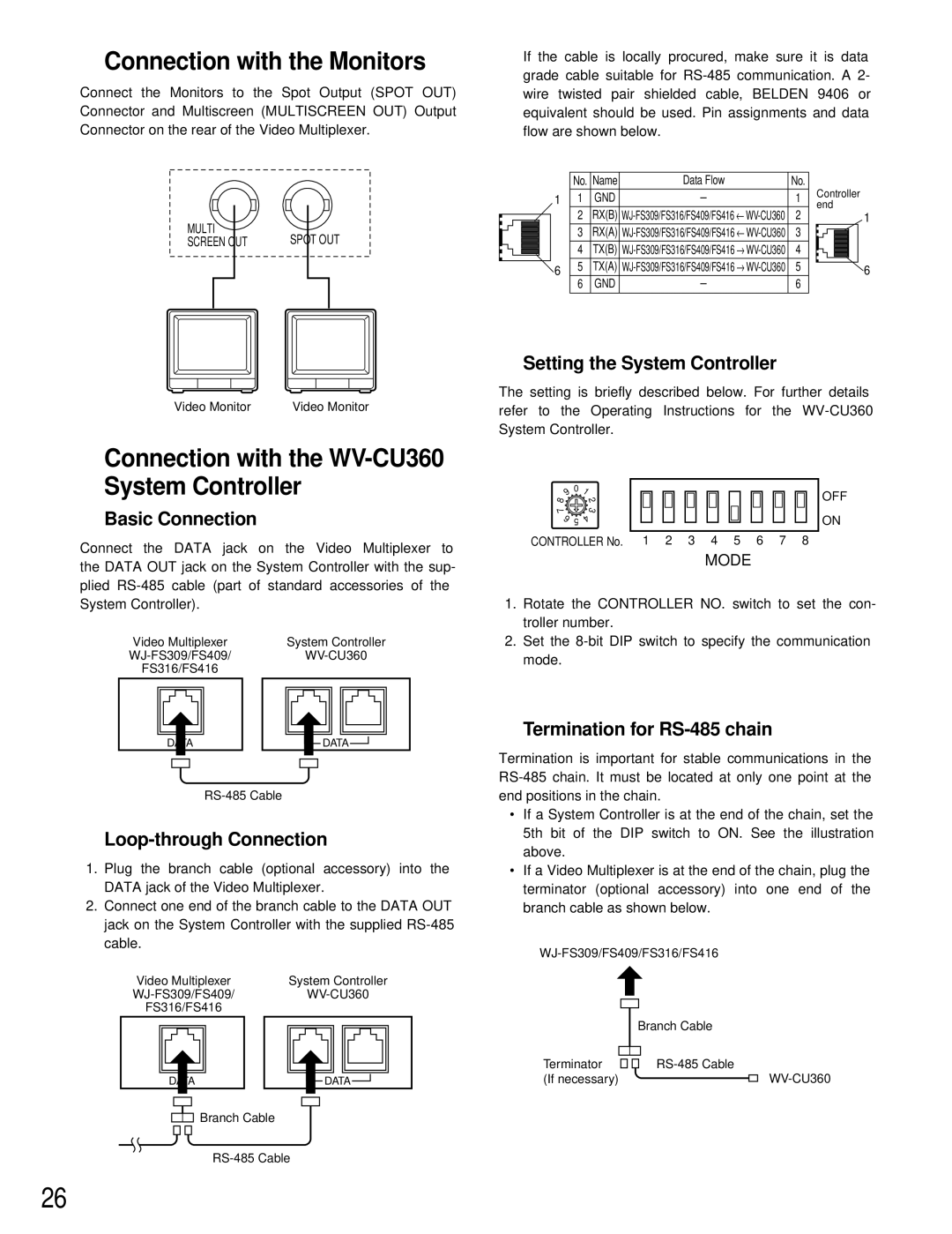 Panasonic WJ-FS309, WJ-FS409, WJ-FS316 manual Connection with the Monitors, Connection with the WV-CU360 System Controller 