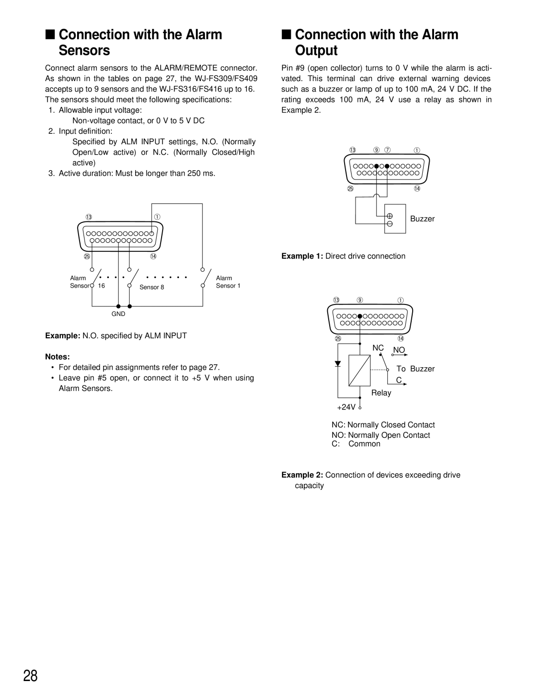 Panasonic WJ-FS409, WJ-FS316, WJ-FS309, WJ-FS416 Connection with the Alarm Sensors, Connection with the Alarm Output, NC no 