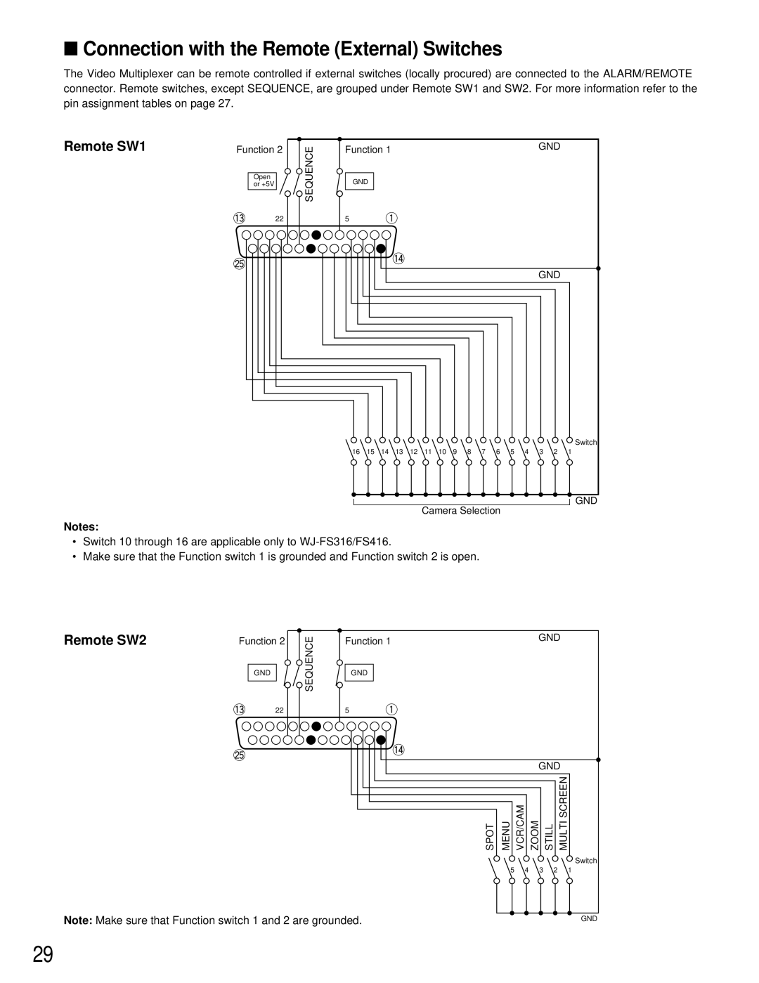 Panasonic WJ-FS316, WJ-FS409, WJ-FS309, WJ-FS416 manual Connection with the Remote External Switches, Remote SW1 