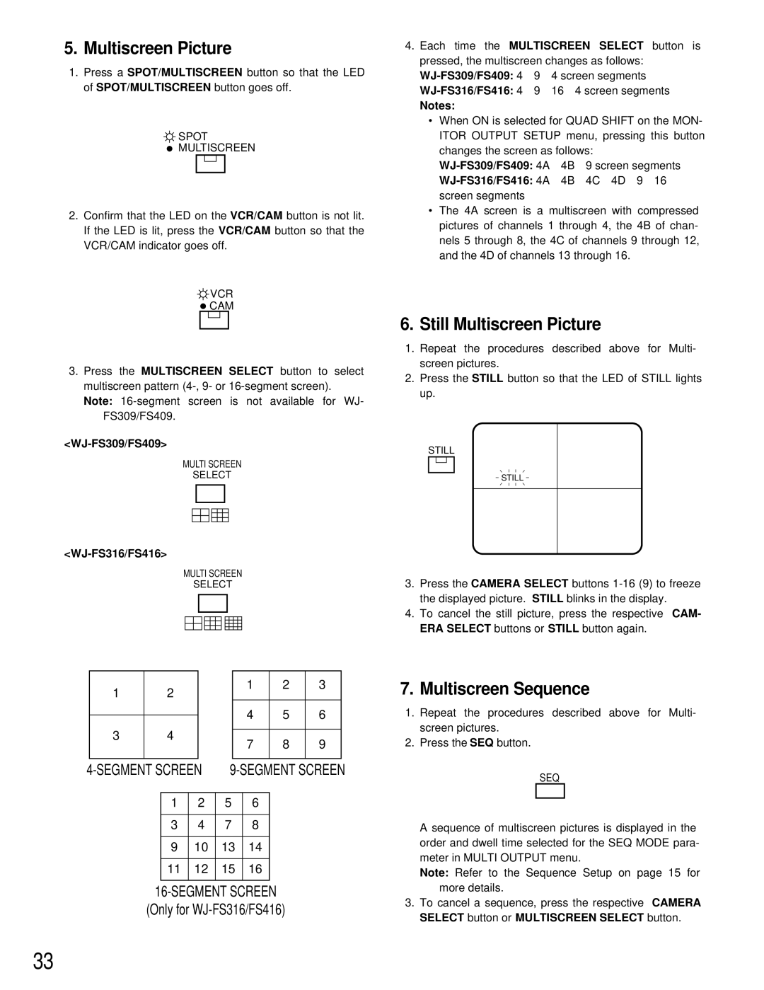 Panasonic WJ-FS316, WJ-FS409, WJ-FS309, WJ-FS416 manual Still Multiscreen Picture, Multiscreen Sequence 