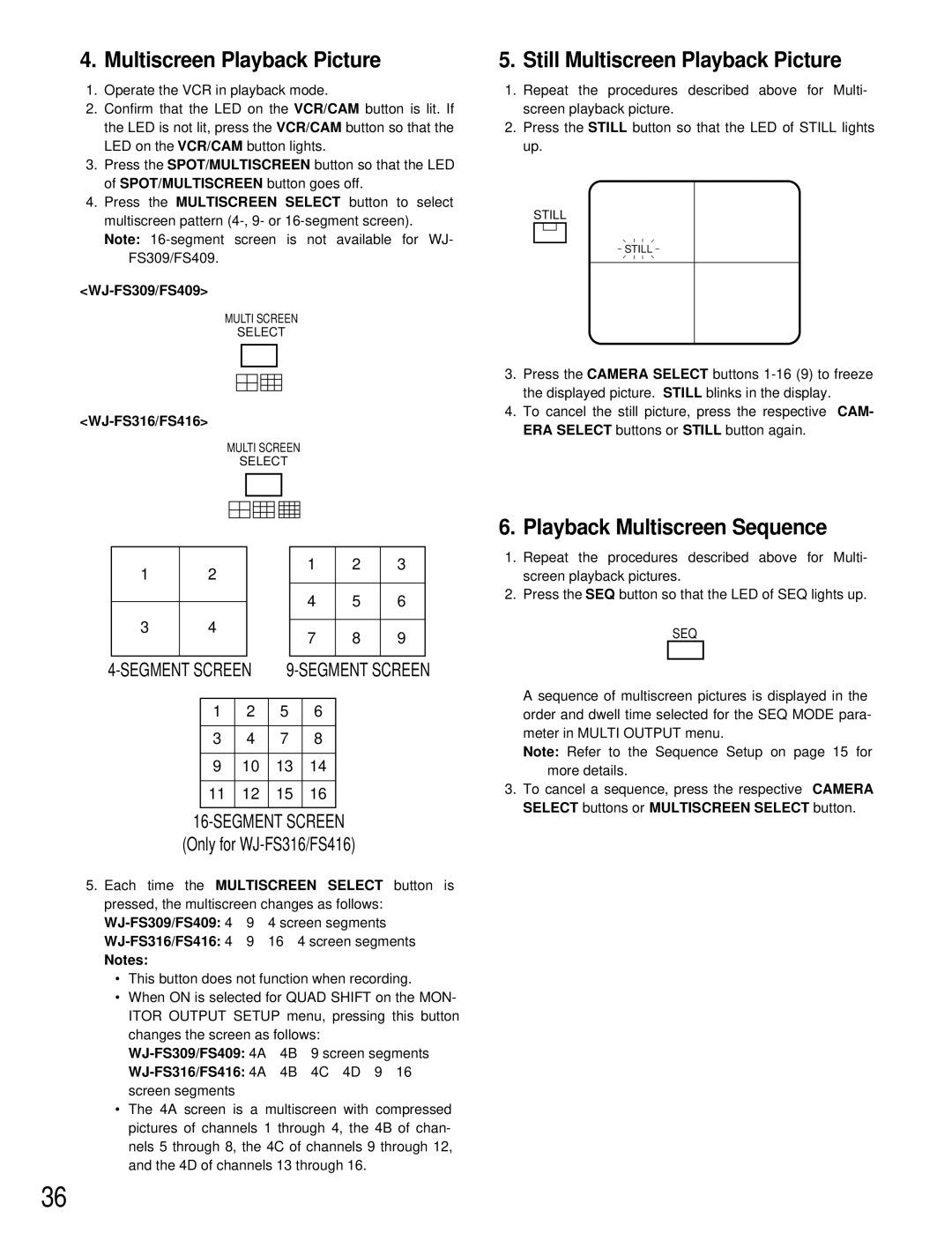 Panasonic WJ-FS409, WJ-FS316, WJ-FS309, WJ-FS416 manual Still Multiscreen Playback Picture, Playback Multiscreen Sequence 