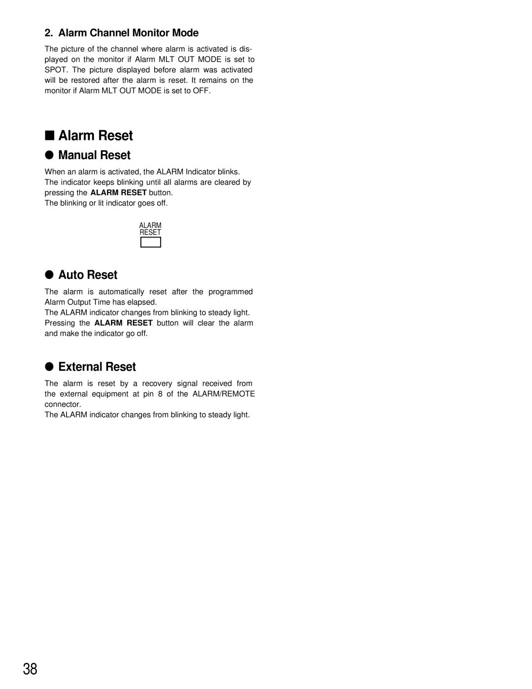 Panasonic WJ-FS309, WJ-FS409, WJ-FS316, WJ-FS416 manual Alarm Reset, Manual Reset, Auto Reset, External Reset 