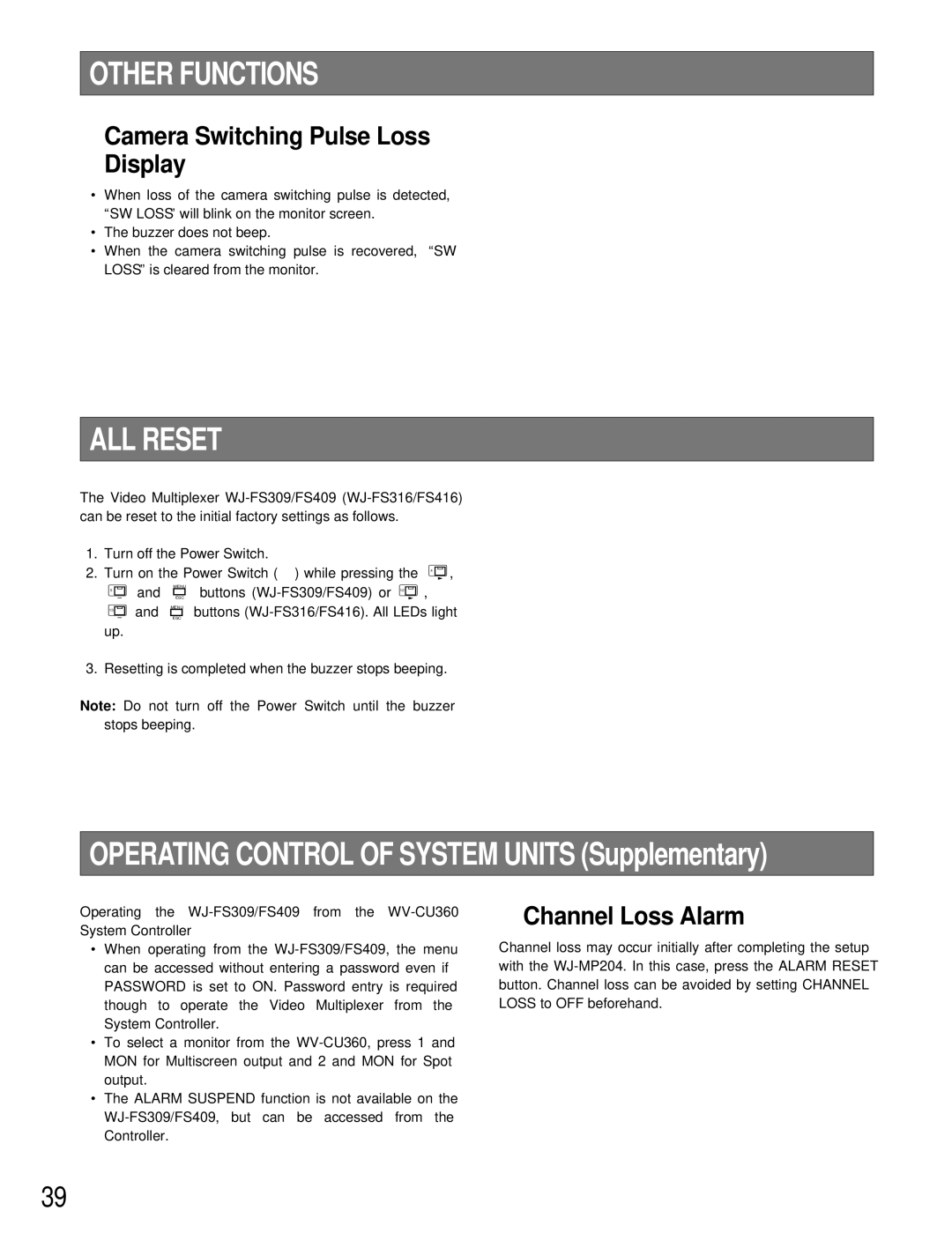 Panasonic WJ-FS416, WJ-FS409, WJ-FS316 Other Functions, ALL Reset, Camera Switching Pulse Loss Display, Channel Loss Alarm 