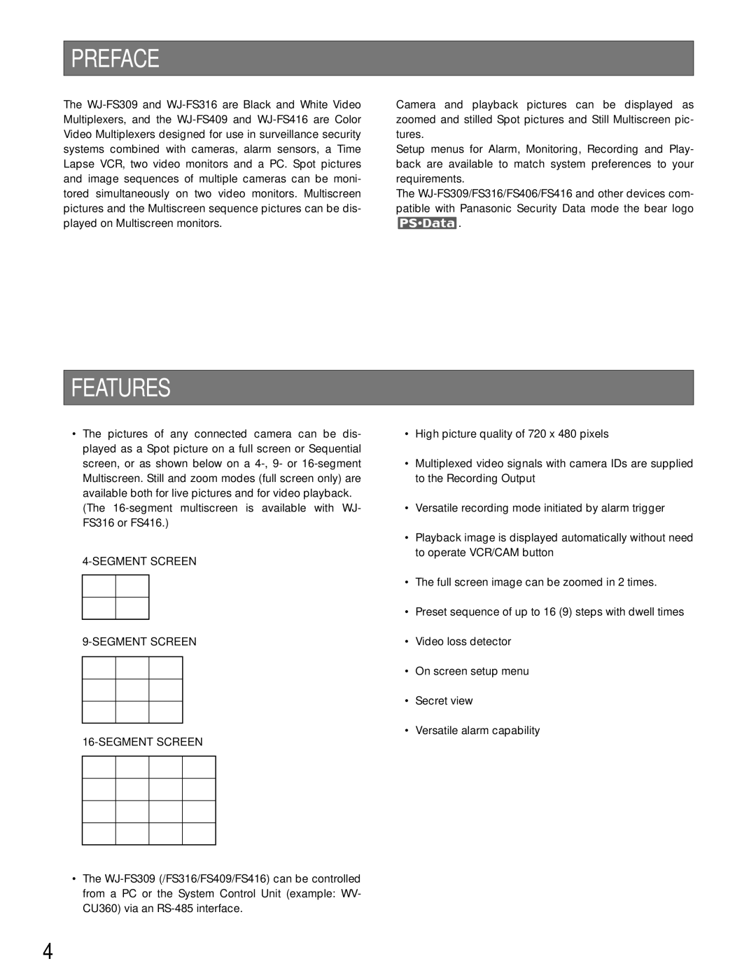 Panasonic WJ-FS409, WJ-FS316, WJ-FS309, WJ-FS416 manual Preface, Features, Segment Screen 