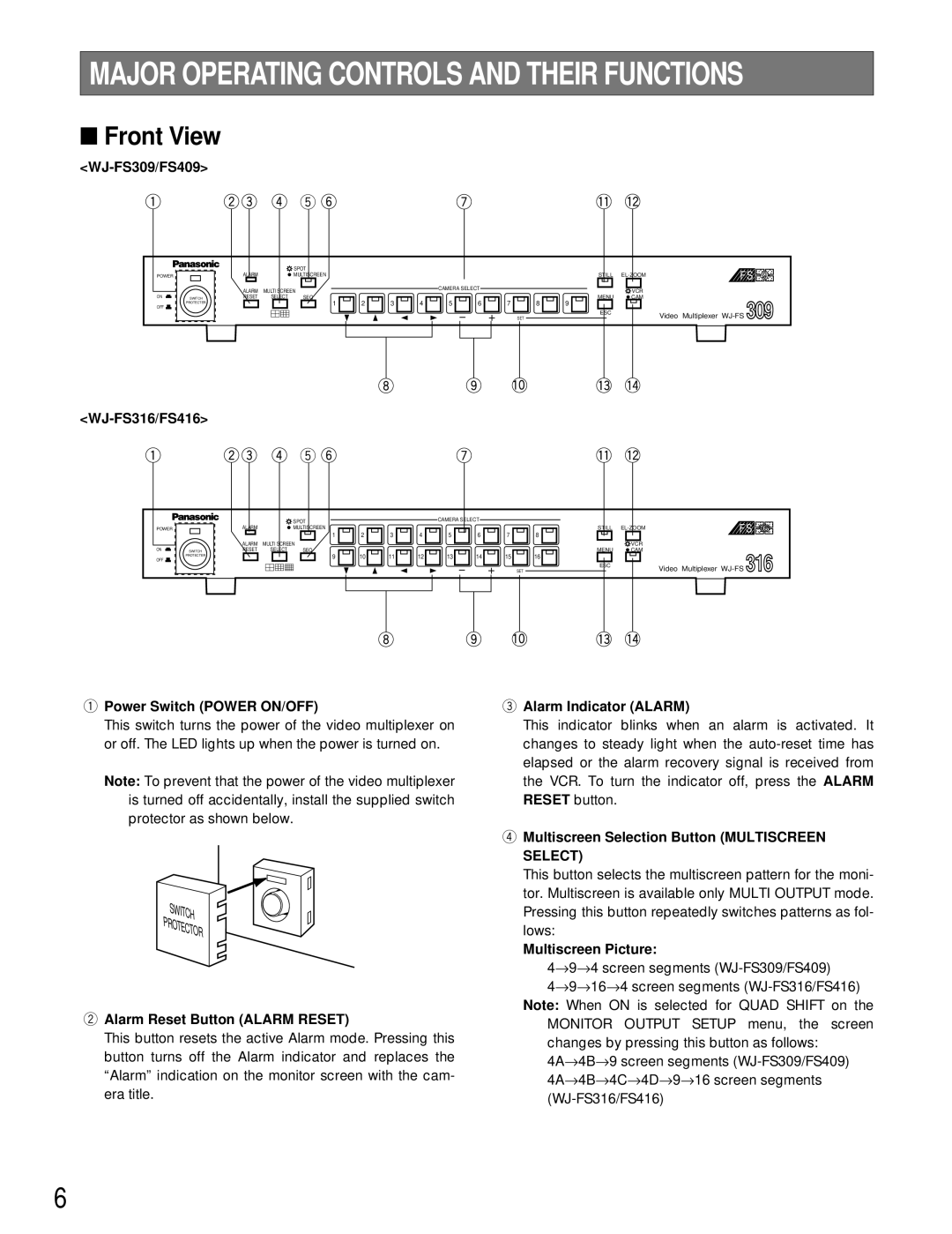 Panasonic WJ-FS309 manual WJ-FS316/FS416, Power Switch Power ON/OFF, Alarm Reset Button Alarm Reset, Alarm Indicator Alarm 