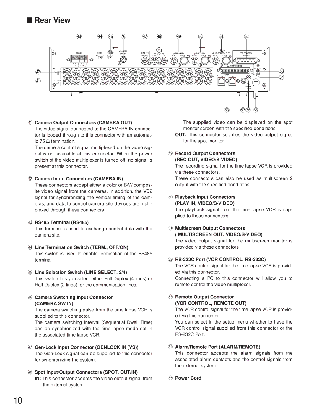 Panasonic WJ-FS616C manual $1Camera Output Connectors Camera OUT, $2Camera Input Connectors Camera, $3RS485 Terminal RS485 